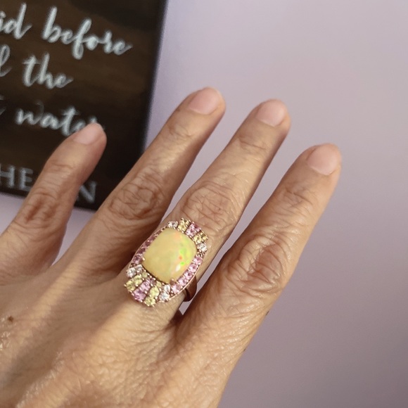 10K Rose Gold Ethiopian Pink Opal with Multi Sapphire Ring Sz 6 - Picture 6 of 8